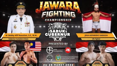 JFC Season 2: Poster duel internasional Indonesia vs Malaysia perebutan Sabuk Gubernur Sumut Bobby Nasution di Stadion Perdagangan Simalungun yang diselenggarakan Jeka Saragih.