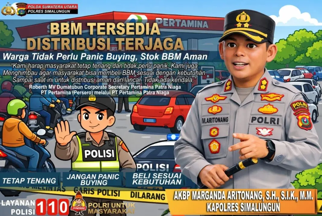 Personel Polres Simalungun melakukan pemantauan di salah satu SPBU untuk memastikan ketersediaan BBM.