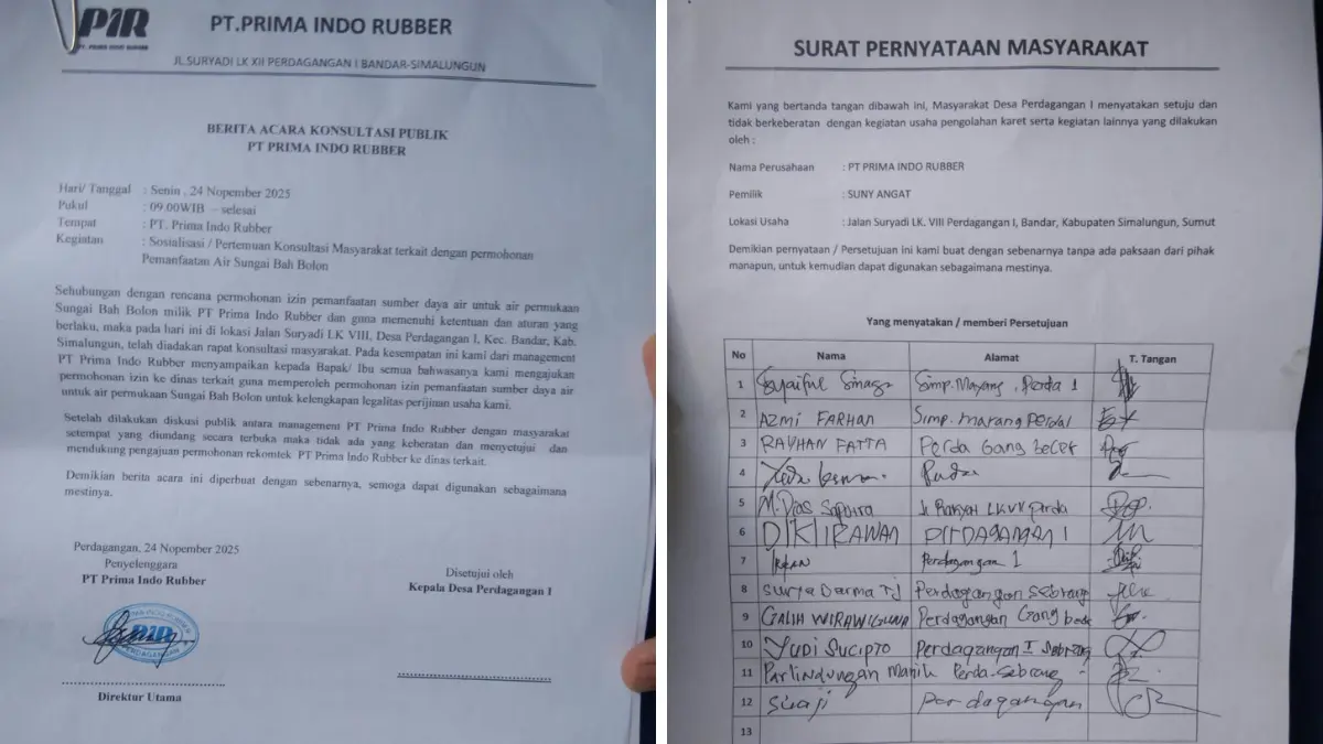 Bukti surat pernyataan masyarakat dan berita acara PT PIR yang tidak memiliki tanda tangan serta stempel resmi dari Kelurahan Perdagangan I.