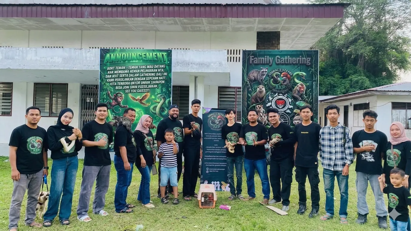 Seluruh anggota Komunitas Animal’s Keeper Perdagangan (AKP) berfoto bersama saat persiapan acara Family Gathering Satwa di Kota Perdagangan.