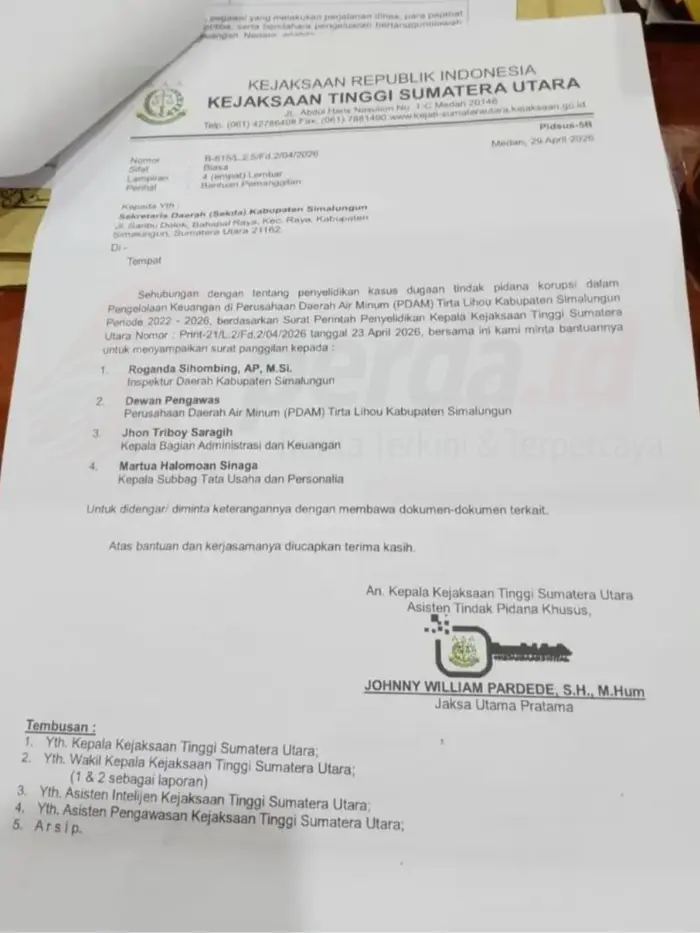 Kejati Sumut Selidiki Dugaan Korupsi PDAM Tirta Lihou, ILAJ Desak Penetapan Tersangka Dokumen Surat Penyelidikan Kejati Sumut Kasus Dugaan Korupsi PDAM Tirta Lihou Simalungun
